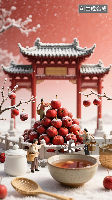 【AI数字艺术】微缩雪天场景，门前摘山楂，中式传统背景插画图片素材