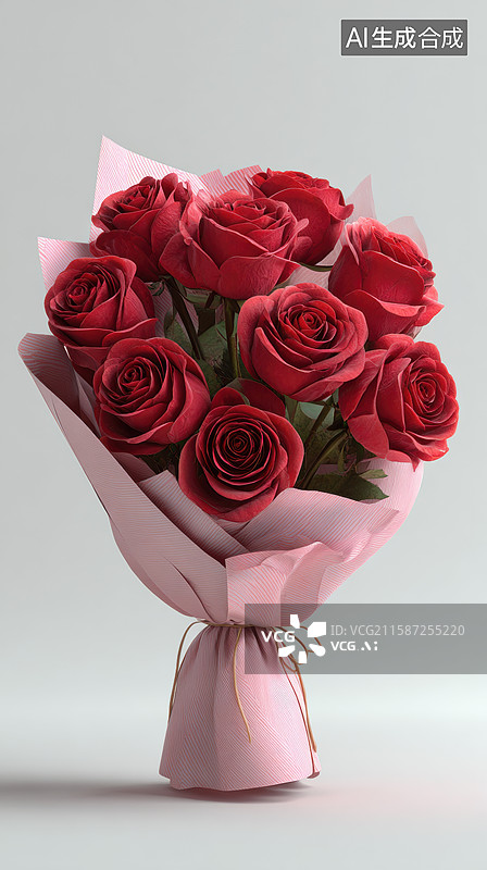 【AI数字艺术】粉纸包裹的红色玫瑰花束图片素材