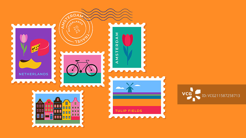 荷兰旅行邮票：阿姆斯特丹和荷兰风情图片素材