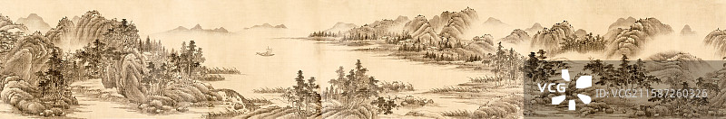 清代仿董源江南烟峦图中国山水画卷图片素材