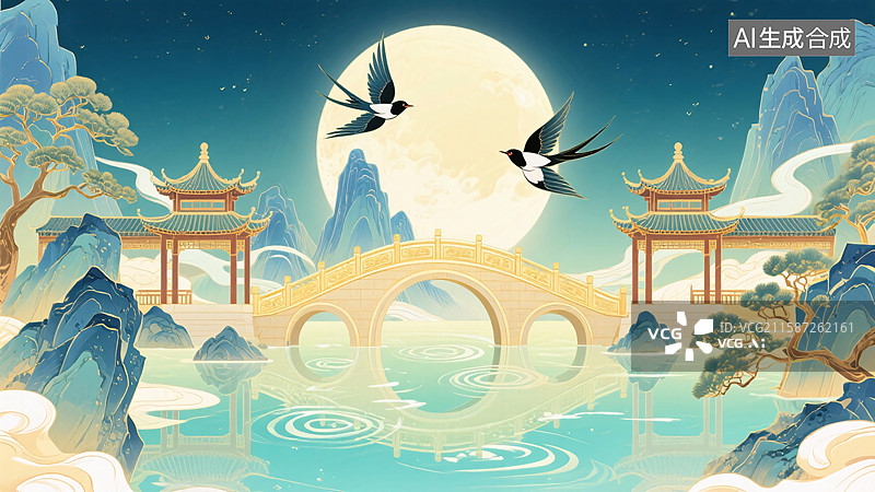 【AI数字艺术】国潮风高山建筑插画图片素材