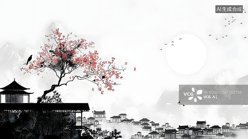 【AI数字艺术】水墨江南的诗意栖居 古韵山水间的中国风建筑亭台阁楼  国风自然山水间的中国古建筑插画图片素材