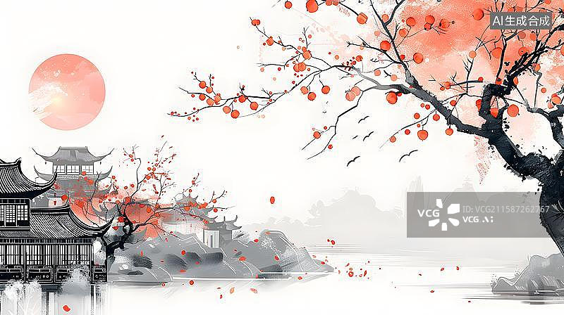 【AI数字艺术】水墨江南的诗意栖居 古韵山水间的中国风建筑亭台阁楼  国风自然山水间的中国古建筑插画图片素材