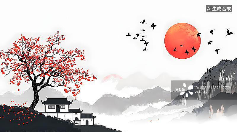 【AI数字艺术】水墨江南的诗意栖居 古韵山水间的中国风建筑亭台阁楼  国风自然山水间的中国古建筑插画图片素材