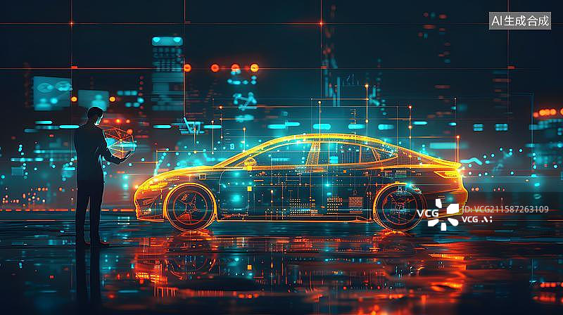【AI数字艺术】未来科技感汽车设计 智能汽车互联新纪元  一个商务人士站在汽车科技发光粒子概念背景前图片素材