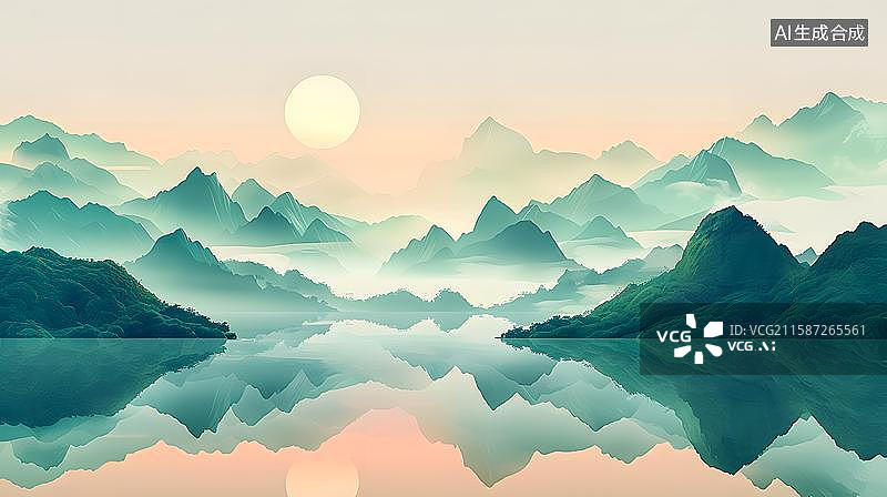 【AI数字艺术】水墨山水间的日出 雾霭山峦的宁静之美   中国风山水风光插画——群山中升起的太阳  云海仙境日出图片素材