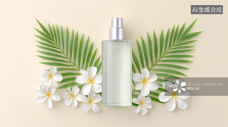 【AI数字艺术】白色鸡蛋花与棕榈叶环绕着化妆品图片素材
