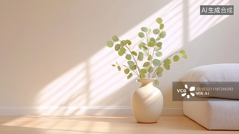 【AI数字艺术】墙角尤加利叶花瓶图片素材