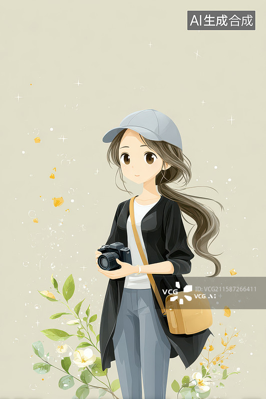 【AI数字艺术】手持相机文艺女子清新插画图片素材