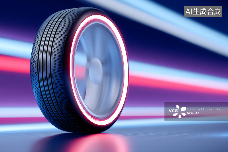 【AI数字艺术】一个发光车轮在霓虹背景下旋转图片素材