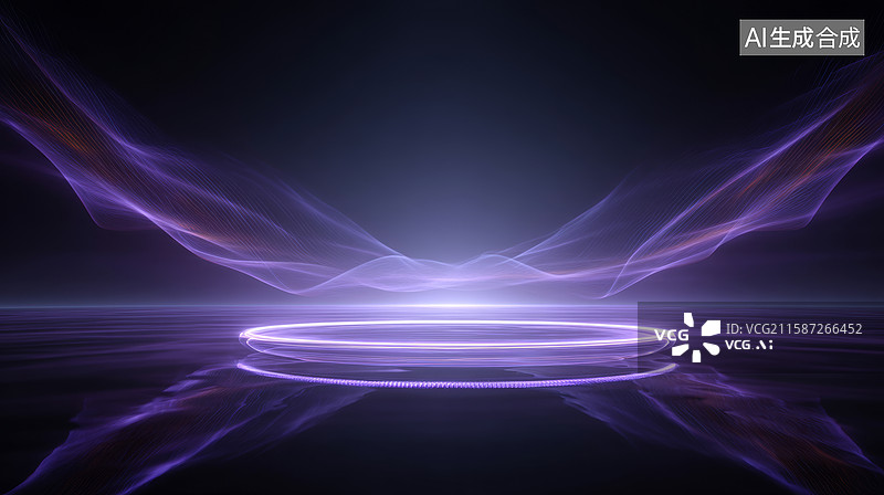 【AI数字艺术】暗色地面上紫色光环与光线图片素材