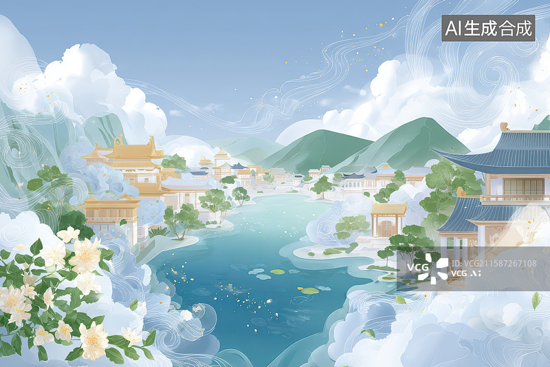 【AI数字艺术】云端古典建筑群风景图图片素材