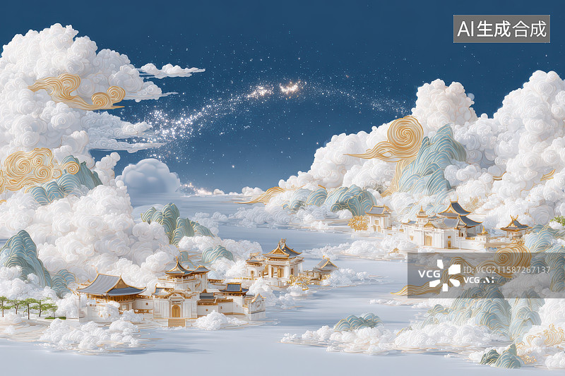 【AI数字艺术】云端古典建筑群风景图图片素材