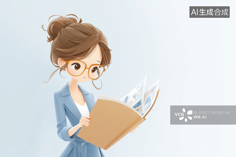 【AI数字艺术】知性女性专注阅读书本插画图片素材