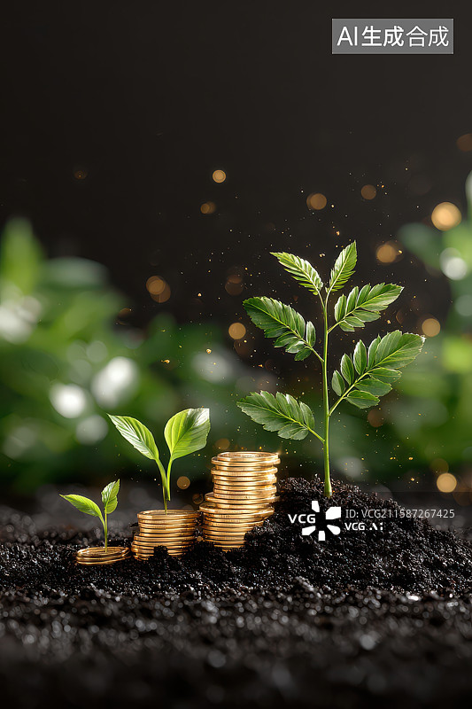 【AI数字艺术】硬币生长植物财富增长寓意图图片素材
