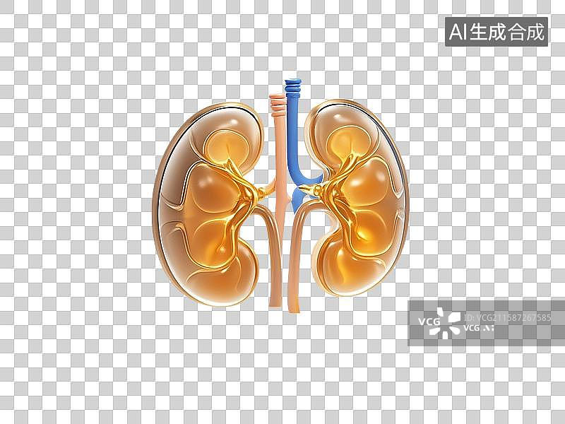【AI数字艺术】3D渲染，肾，肾脏，金色泌尿系统，免抠元素图片素材