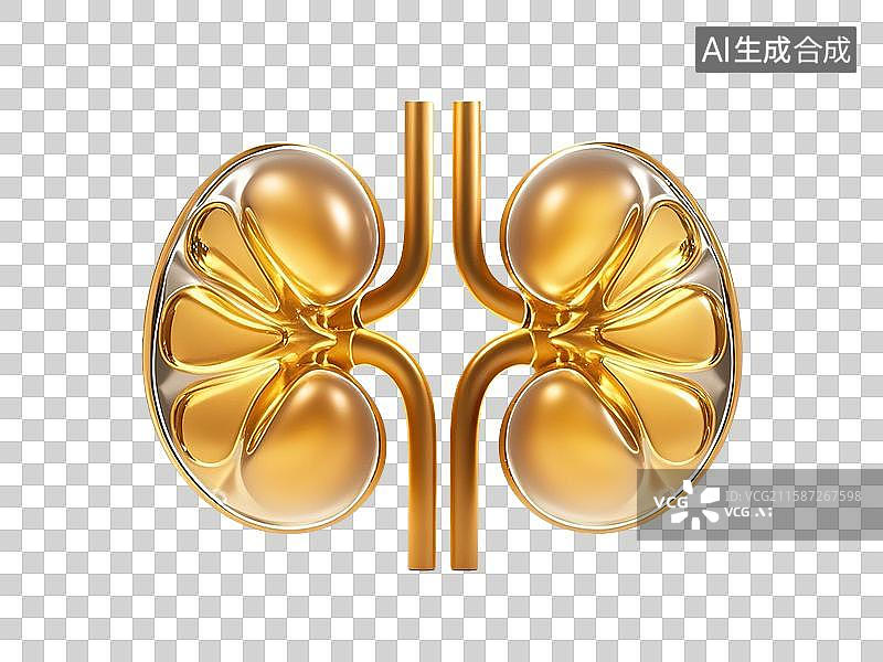 【AI数字艺术】3D渲染，肾，肾脏，金色泌尿系统，免抠元素图片素材