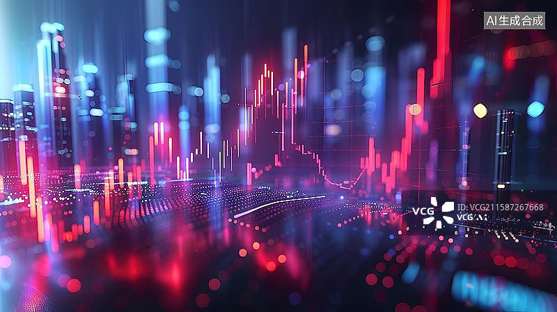 【AI数字艺术】金融科技数据可视化 未来感数字经济图景   科技感金融数据可视化，股票K线图  股市金融数据概念背景图片素材