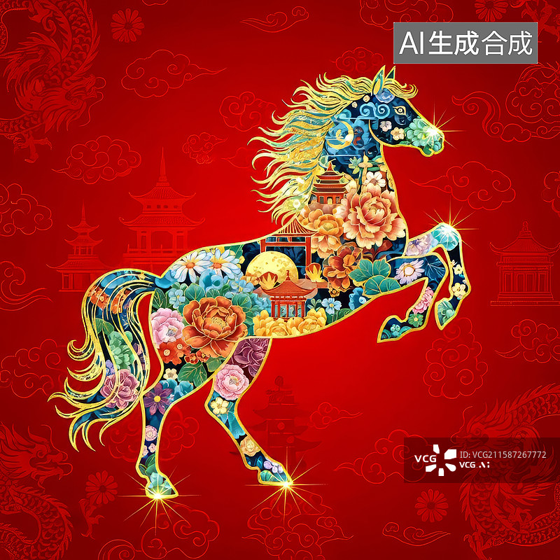 【AI数字艺术】中国生肖马彩色装饰插画图片素材