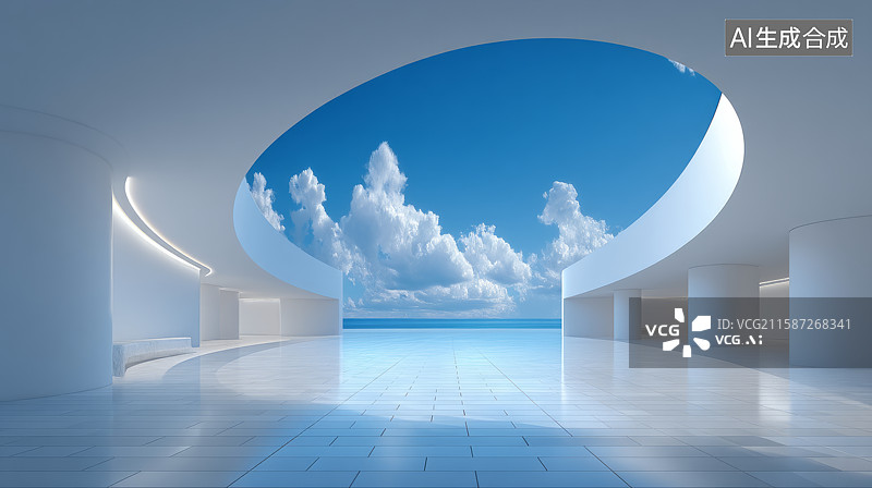 【AI数字艺术】现代室内空间与椭圆开口展现蓝天白云图片素材
