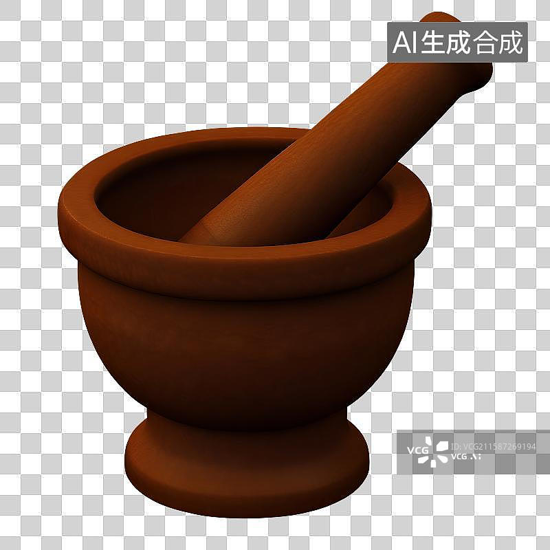 【AI数字艺术】3D渲染，研钵，研磨器，捣药罐，石臼和杵，中医中药免抠元素图片素材