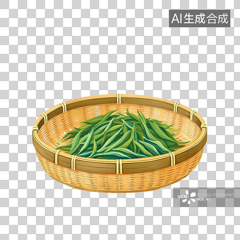 【AI数字艺术】国风手绘插画，黄色毛峰，信阳毛尖，竹篮里的茶叶，绿茶，春茶，茶文化免抠元素图片素材