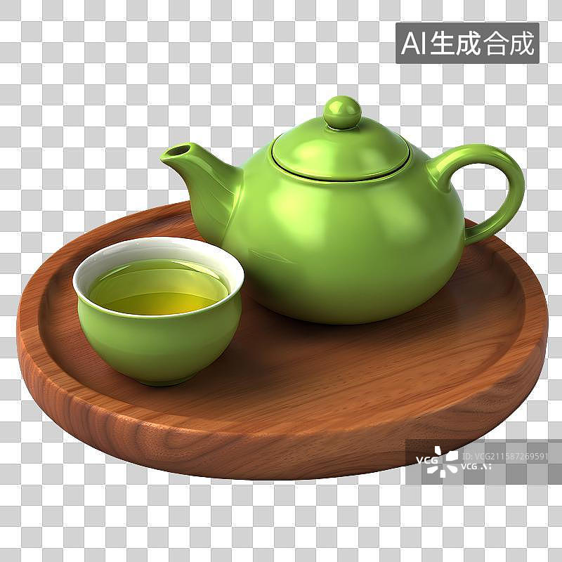 【AI数字艺术】3D渲染，木制托盘里的茶具，茶壶茶杯，茶叶，茶文化，茶道免抠元素图片素材