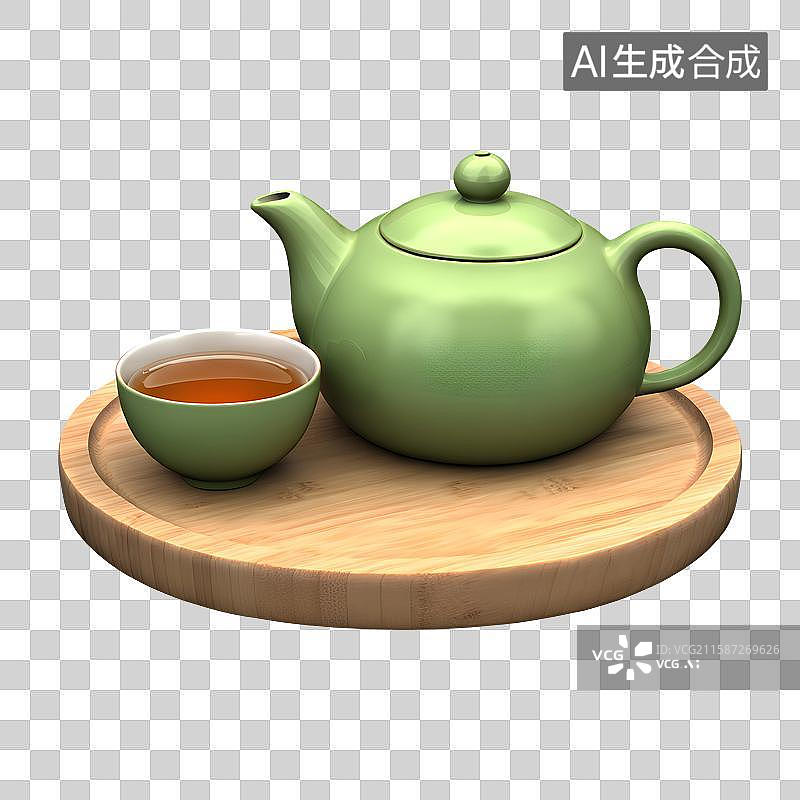 【AI数字艺术】3D渲染，木制托盘里的茶具，茶壶茶杯，茶叶，茶文化，茶道免抠元素图片素材