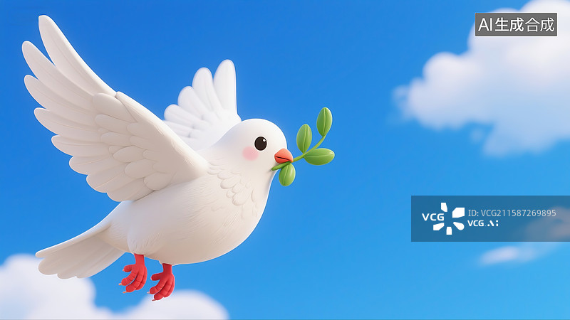 【AI数字艺术】衔橄榄枝的和平鸽在蓝天白云中飞图片素材
