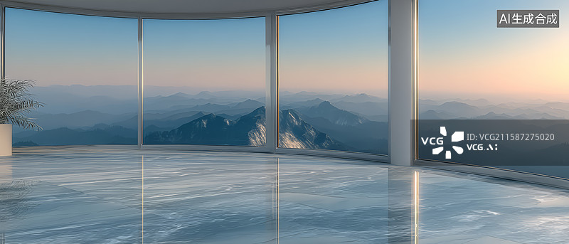 【AI数字艺术】俯瞰山脉景观的宽敞房间图片素材