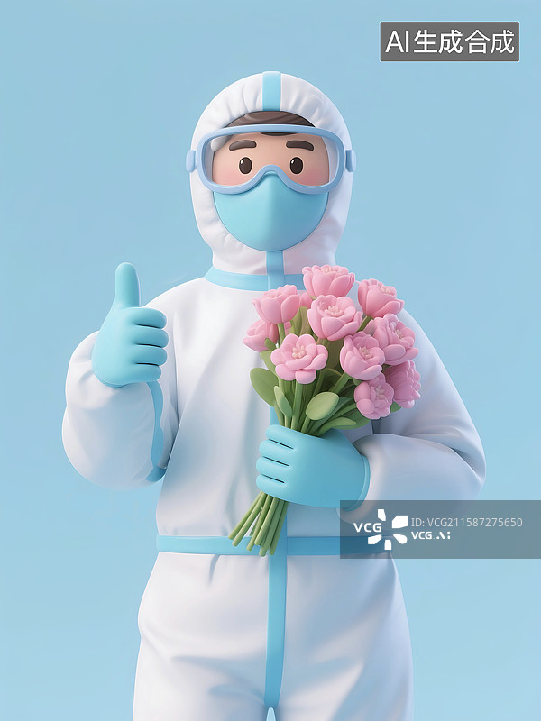 【AI数字艺术】3D三维立体C4D一个捧着着花束的可爱的防疫抗疫医护人员图片素材