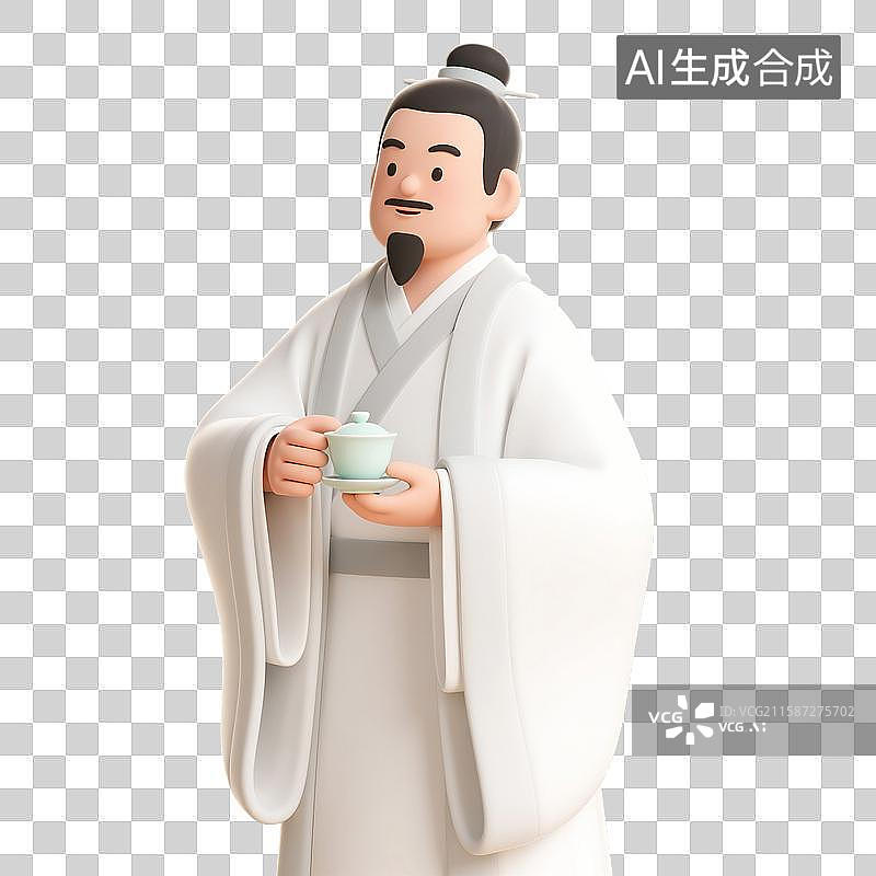 【AI数字艺术】3D渲染中国风古代人物，盖碗茶，喝茶，茶壶，茶具，茶道，传统服饰，茶文化，免抠元素图片素材