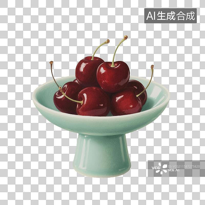 【AI数字艺术】国风手绘插画，青瓷盘子里的水果，樱桃，车厘子，免抠元素图片素材