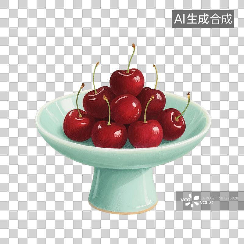 【AI数字艺术】国风手绘插画，青瓷盘子里的水果，樱桃，车厘子，免抠元素图片素材