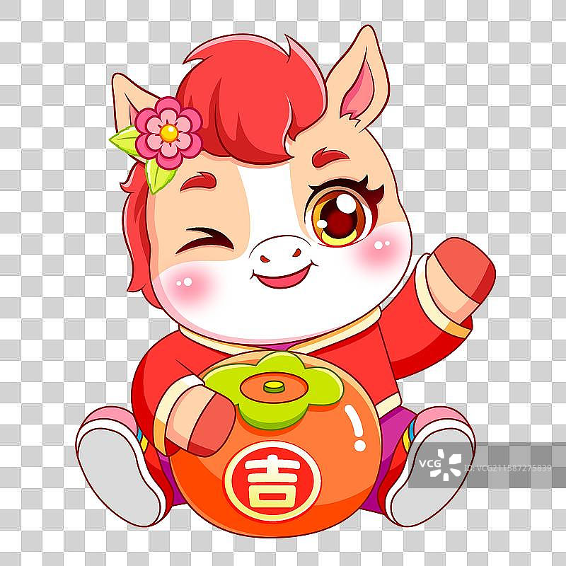 马年马卡通形象女福娃坐抱柿子图片素材