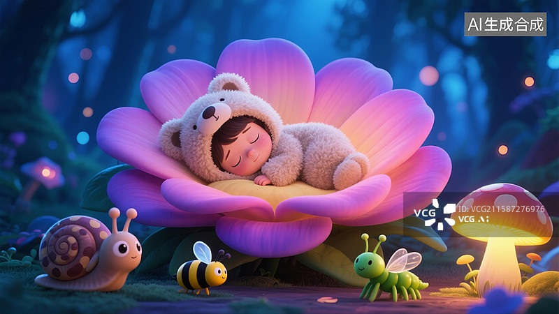 【AI数字艺术】森林花朵婴儿酣睡图图片素材