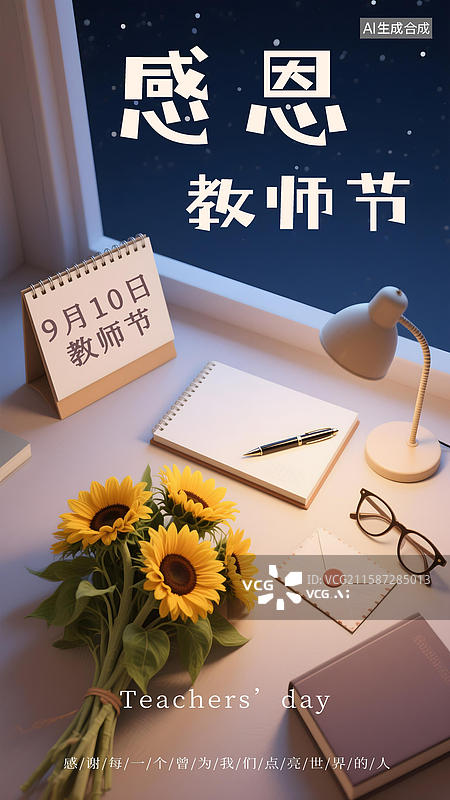 【AI数字艺术】教师节3D夜晚的老师办公桌海报图片素材