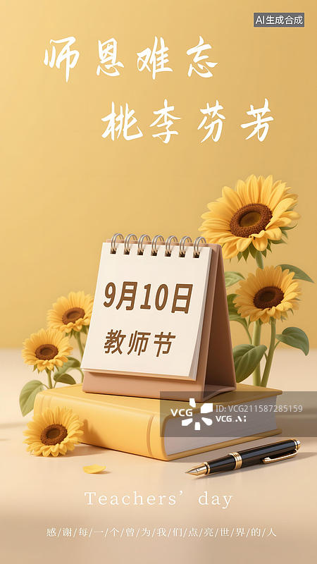 【AI数字艺术】教师节3D桌上的日历和书海报图片素材