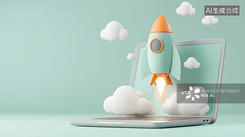 【AI数字艺术】飞出电脑的小火箭和创意创造概念图片素材