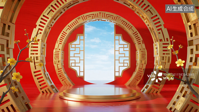 【AI数字艺术】C4D渲染的中国风电商背景，新中式背景，红色背景，新年背景，春节背景图片素材