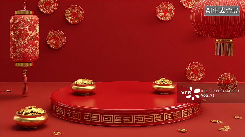 【AI数字艺术】C4D渲染的中国风电商背景，新中式背景，红色背景，新年背景，春节背景图片素材
