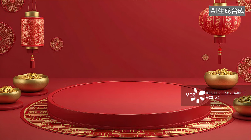 【AI数字艺术】C4D渲染的中国风电商背景，新中式背景，红色背景，新年背景，春节背景图片素材