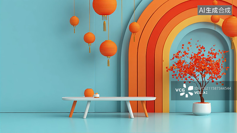 【AI数字艺术】C4D渲染的中国风电商背景，新中式背景，红色背景，新年背景，春节背景图片素材