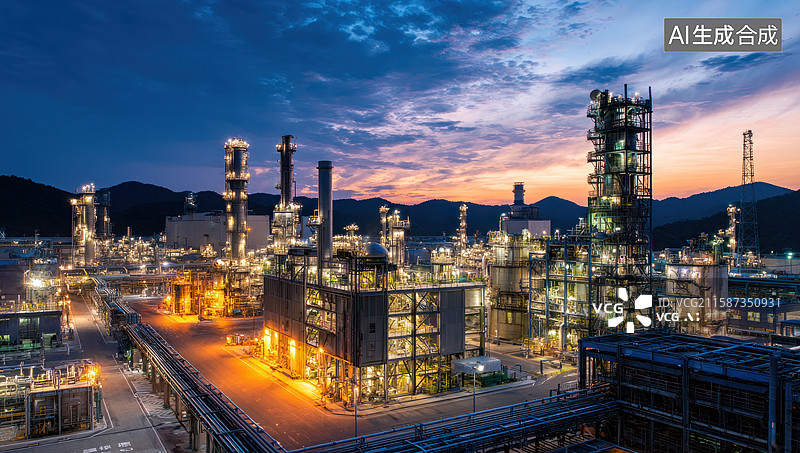 【AI数字艺术】夕阳下的现代化工业炼油厂图片素材