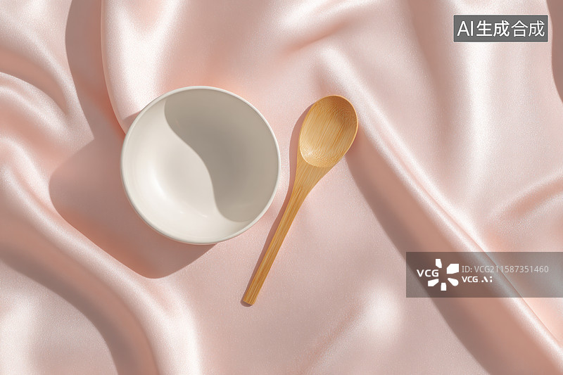 【AI数字艺术】粉色绸缎上的碗与木勺图片素材
