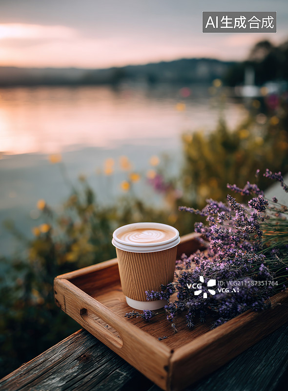 【AI数字艺术】湖畔夕阳下的咖啡与薰衣草图片素材