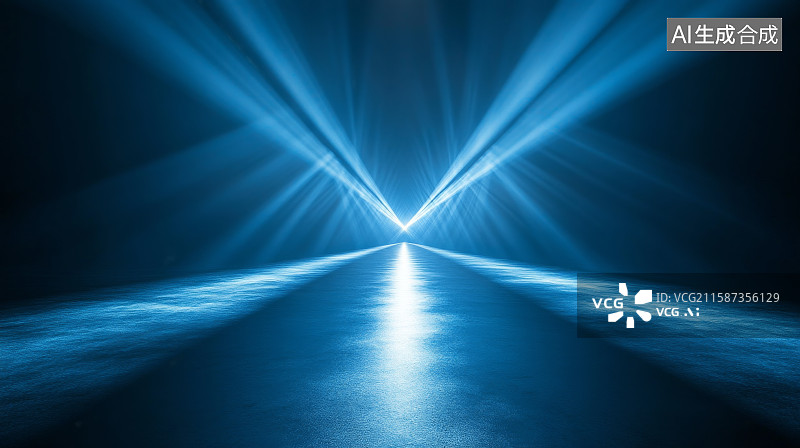 【AI数字艺术】蓝色光束交汇的未来道路图片素材