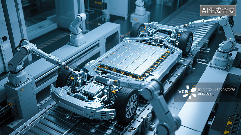【AI数字艺术】工厂全自动机械手在装配新能源汽车电池图片素材
