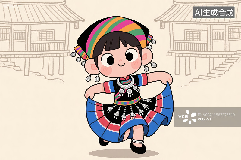 【AI数字艺术】卡通风格，穿着民族服饰的土家族少女正在跳舞图片素材