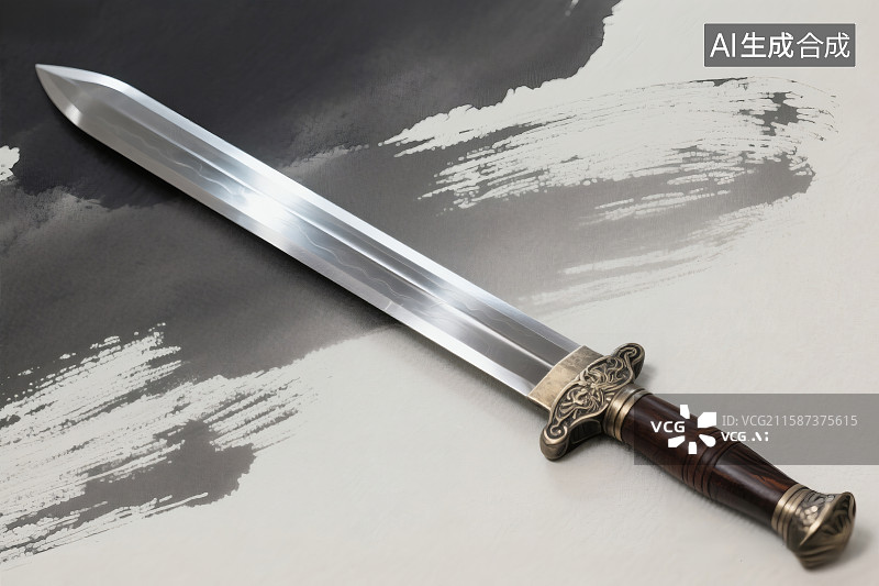 【AI数字艺术】中国水墨背景，一把寒光闪闪，锋利的长剑图片素材